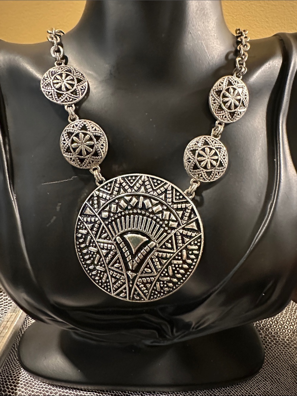 Statement Silver-Tone Tribal Medallion Necklace